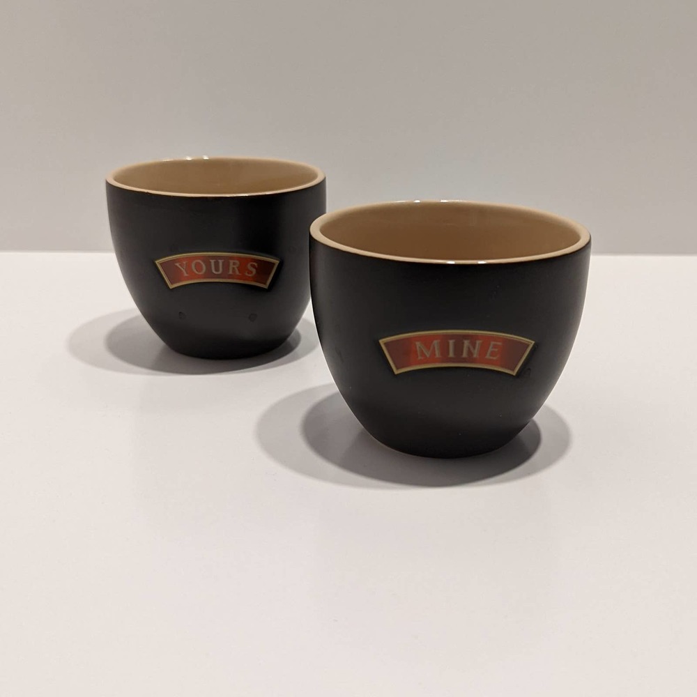 Baileys Irish Cream "Yours" and "Mine" Black Ceramic Liquor Mug Set Dessert Bowl